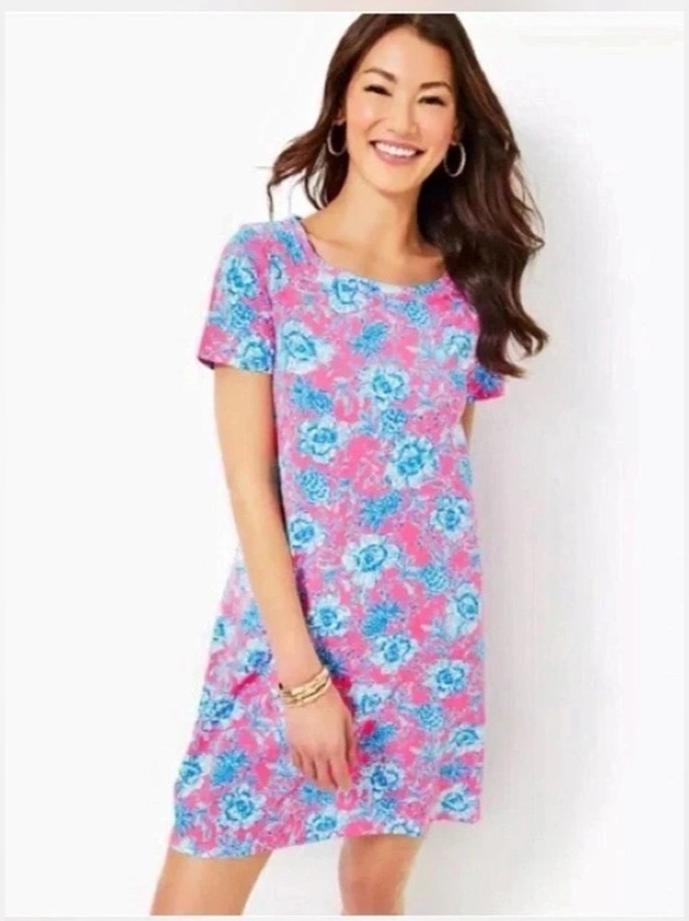 Lilly Pulitzer Cody Short Sleeve Dress Floral Mini Pink & Blue Small